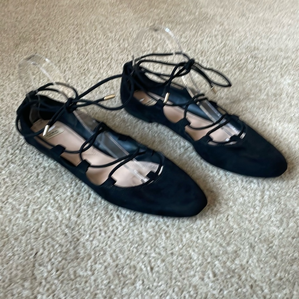 Zara Ghillie Style Ankle Wrap Ballet Flats Faux Suede Black
